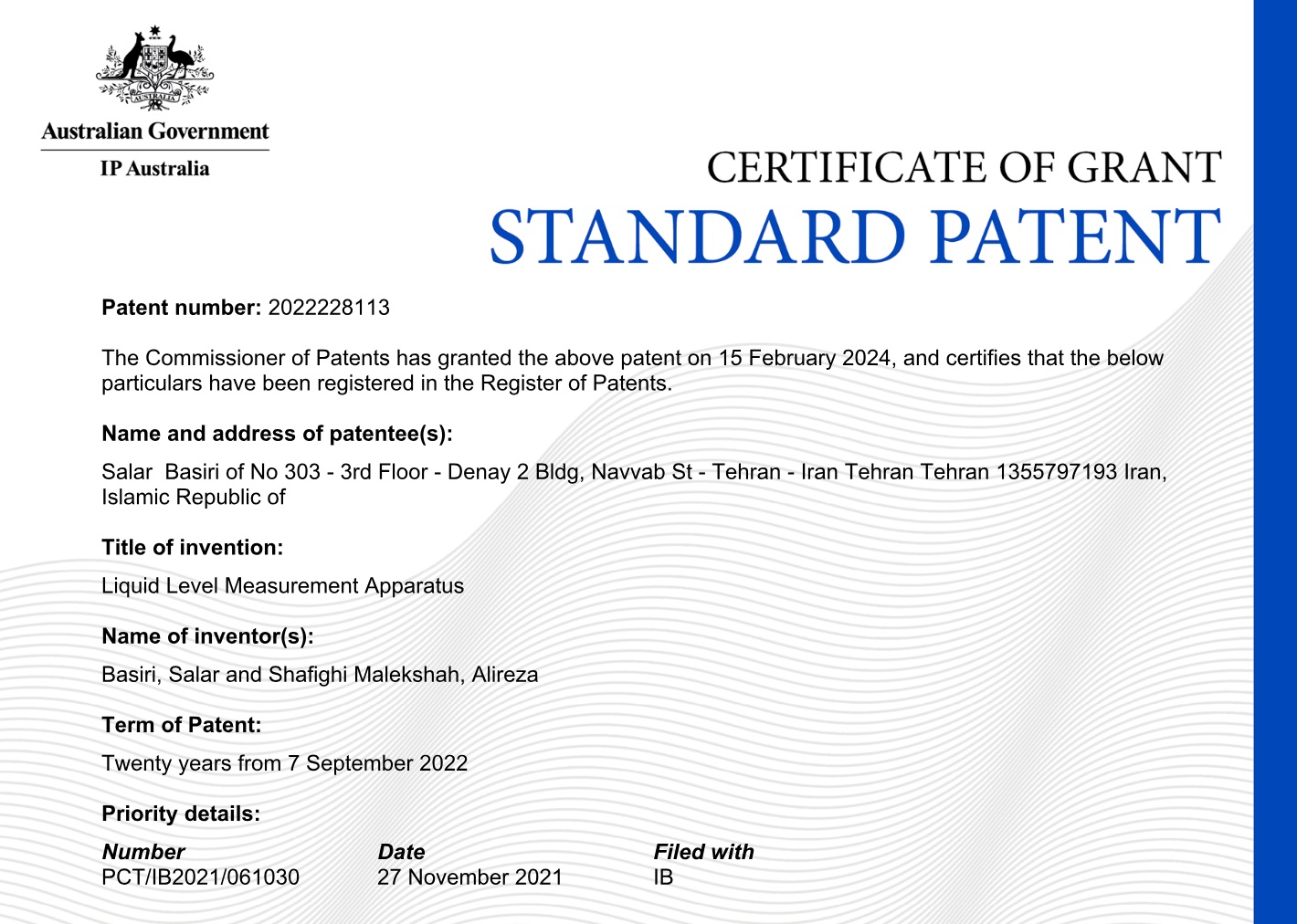Salar Basiri - Australia Patent - LIQUID LEVEL MEASUREMENT APPARATUS