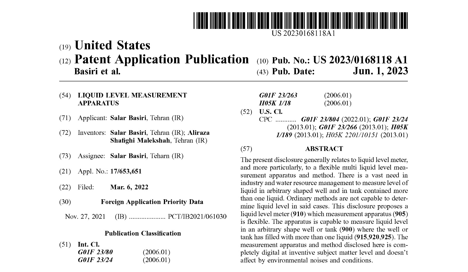 Salar Basiri - US Patent - LIQUID LEVEL MEASUREMENT APPARATUS