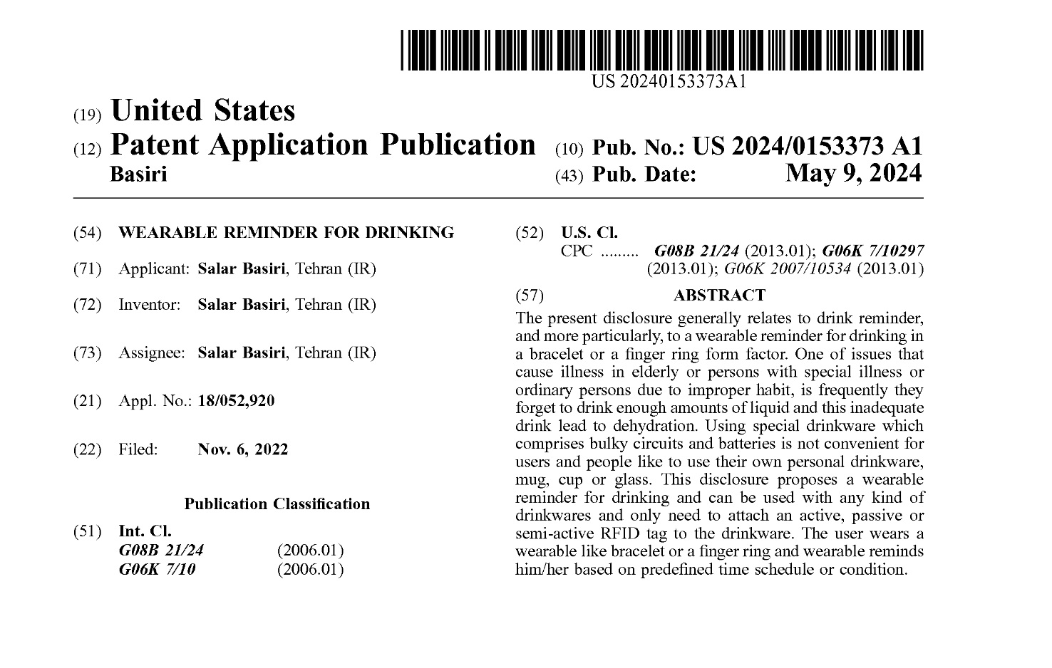 Salar Basiri- - US Patent - WEARABLE REMINDER FOR DRINKING -Patent